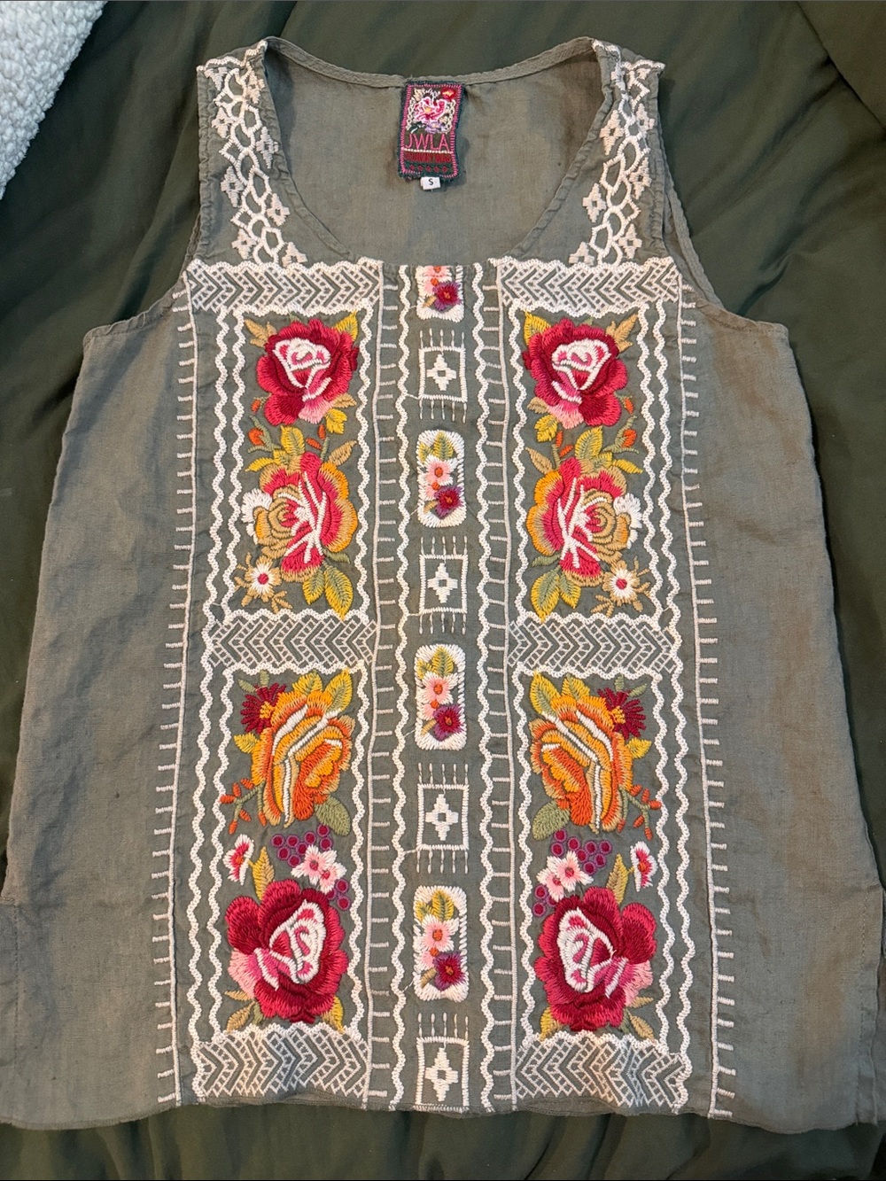 JWLA Olive Floral Embroidered Tank with Multicolor Roses